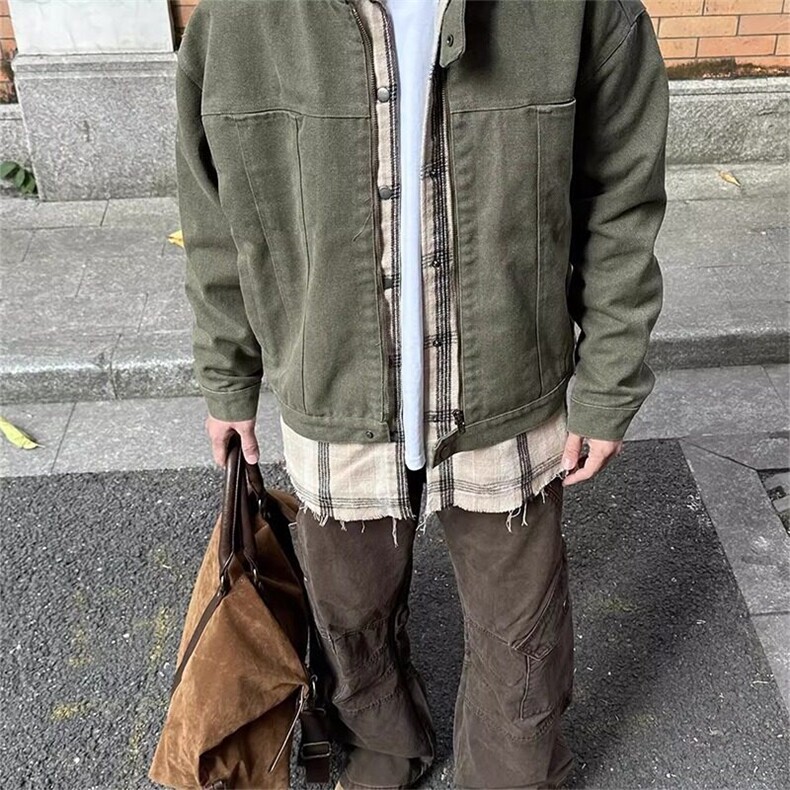 美式复古水洗帆布牛仔外套男春秋款设计高级感宽松立领哈灵顿夹克,男装夹克,星座506A