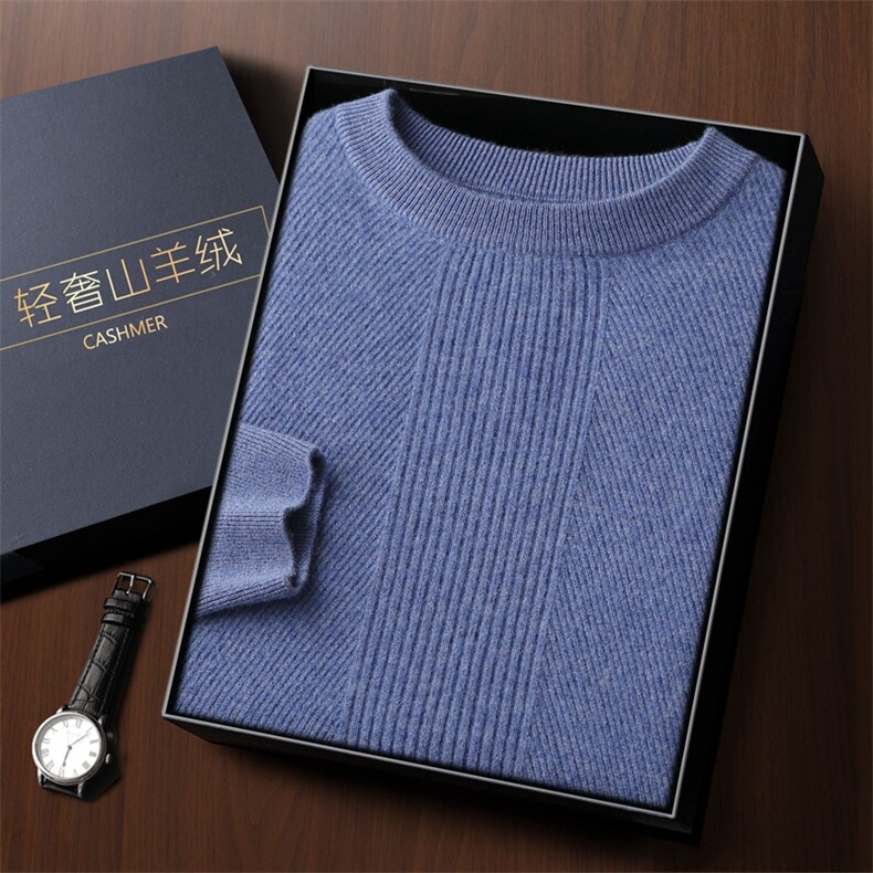 秋冬季新款舒适时尚百搭全身抽条圆领35%羊绒衫，男装羊绒套衫，雅之冉羊绒