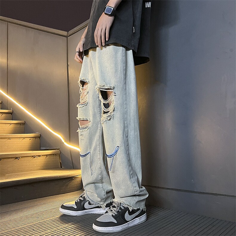 D258W910P55控68夏季乞丐黄泥破洞刺绣牛仔裤，男装牛仔裤，电商D258