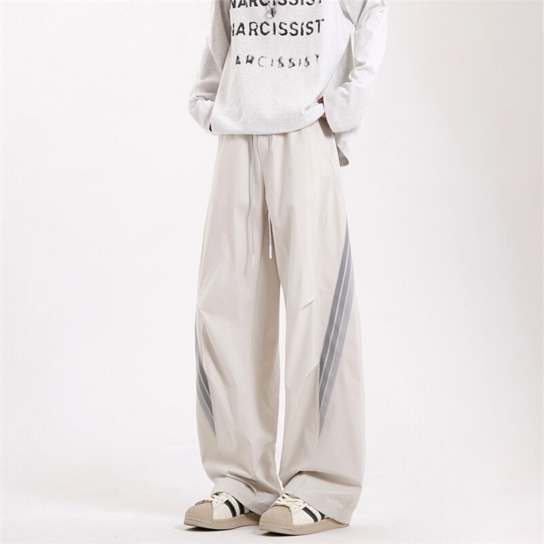 2025春夏新款面料条纹撞色弯刀宽松垂感运动休闲阔腿裤男2513-P53，男装休闲裤，电商C305A