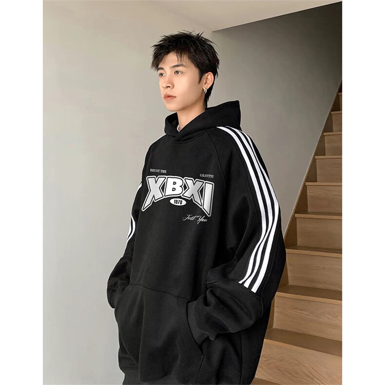 抖音得物品质480克全棉加绒织带连帽印花卫衣三条杠针织卫衣A0414,男装卫衣,电商A443