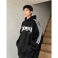 抖音得物品质480克全棉加绒织带连帽印花卫衣三条杠针织卫衣A0414，男装卫衣，电商A443