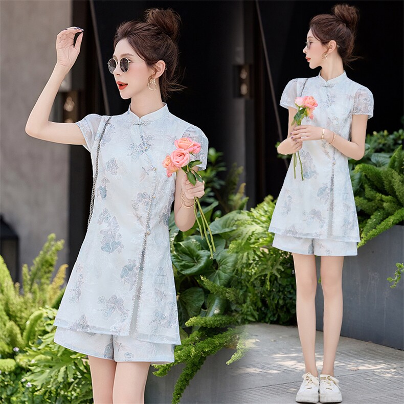新中式国风改良旗袍连衣裙两件套2025夏季爆款洋气减龄短裤套装女，女装套装/套裙，众宇琦