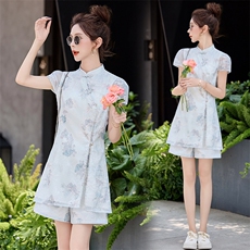 新中式国风改良旗袍连衣裙两件套2025夏季爆款洋气减龄短裤套装女，女装套装/套裙，众宇琦