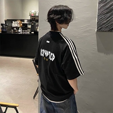 抖音得物高品质二开240克宽松纯棉美式潮牌三条杠织带短袖T恤，男装T恤，电商A486-1