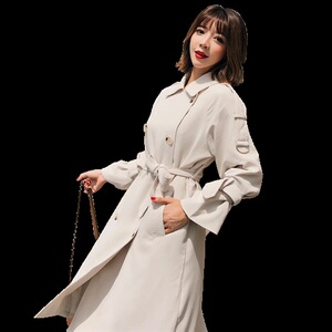 2025秋装新款830韩版系带双排扣中长款宽松风衣女装外套图片