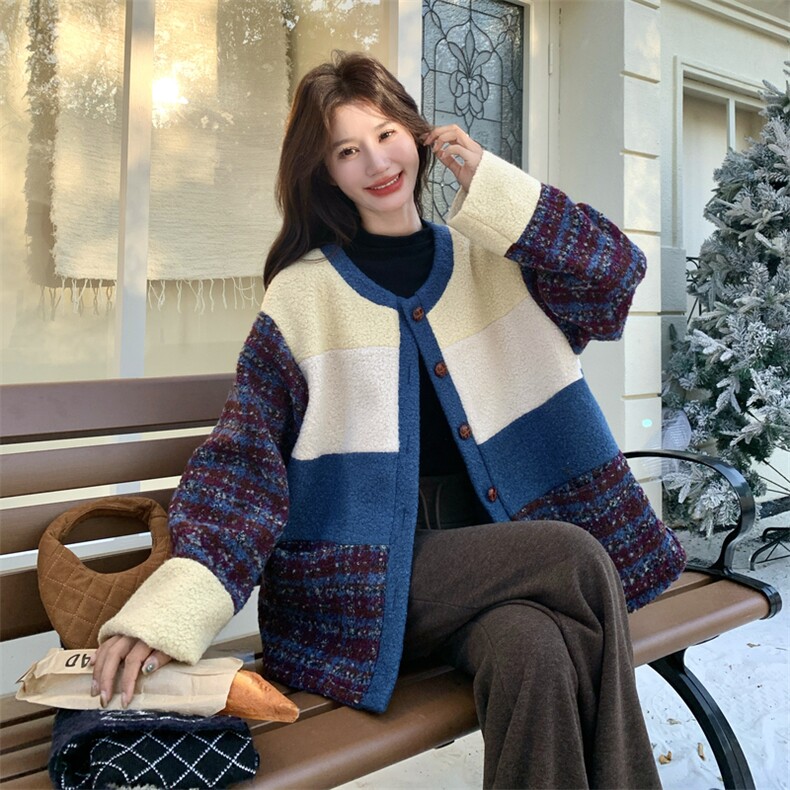 现货！2C056-7091-P195控298（撞色拼接夹棉里布羊羔毛外套）,女装毛呢外套,2C056