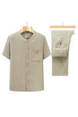 亚麻短袖唐装套装男中年时尚风复古盘扣衬衫801912-P120，男装休闲套装，星座1105-3