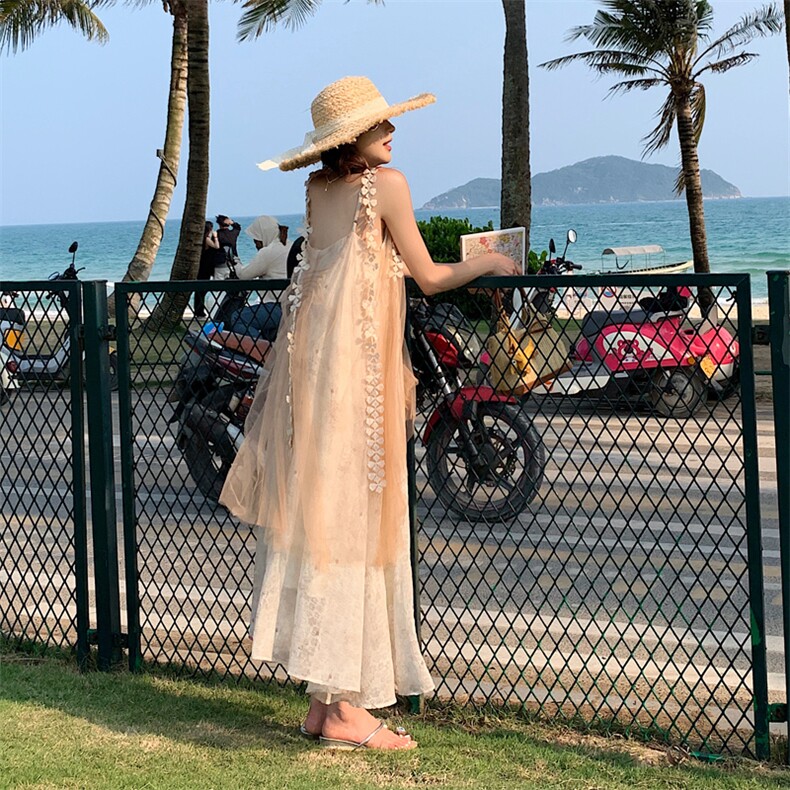 法式海边度假假两件连衣裙女夏季新款显瘦洋气减龄超仙网纱吊带裙图片