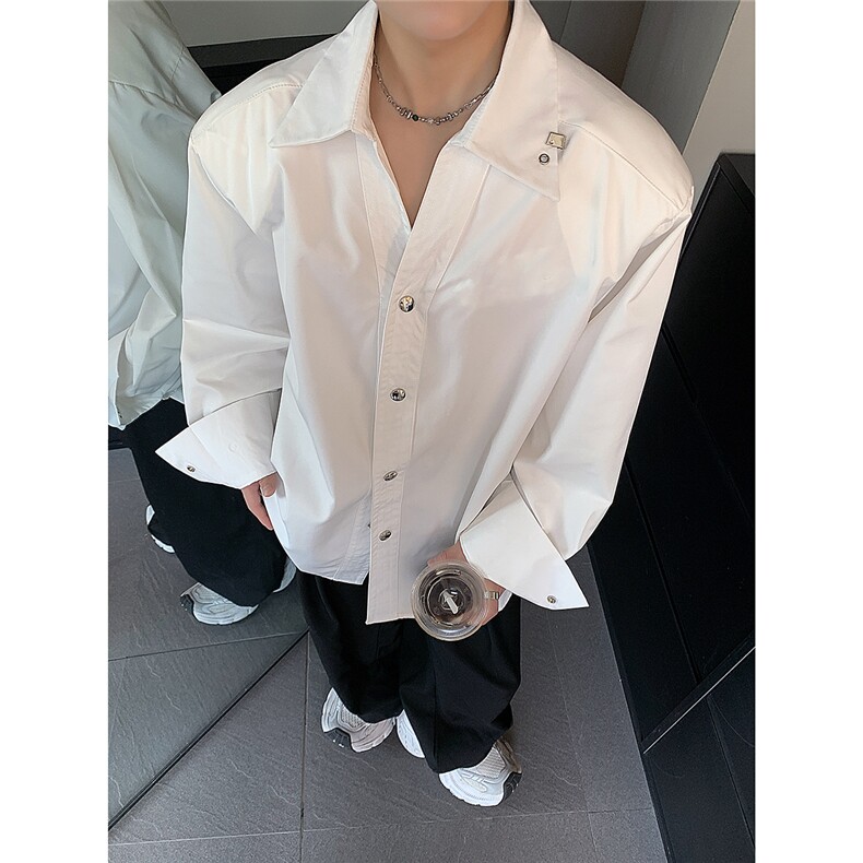 春秋季金属手工钉珠暗扣设计廓形垫肩纯色衬衫男宽松衬衣CS94-P63,男装衬衫,电商C307