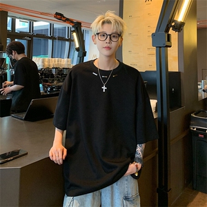 抖音得物品质二开240克宽松纯棉美式高街痞帅潮牌金属装饰短袖T恤图片