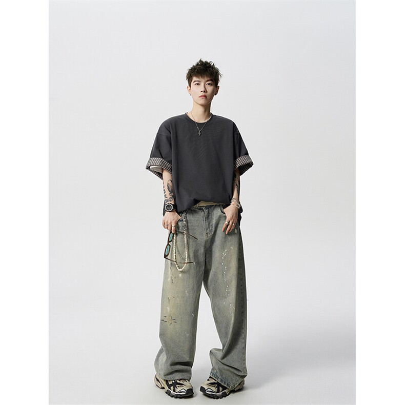 8XL-M格子翻边设计短袖tee男同款文艺休闲T恤上衣半截袖男DX342,男装T恤,电商D206-1