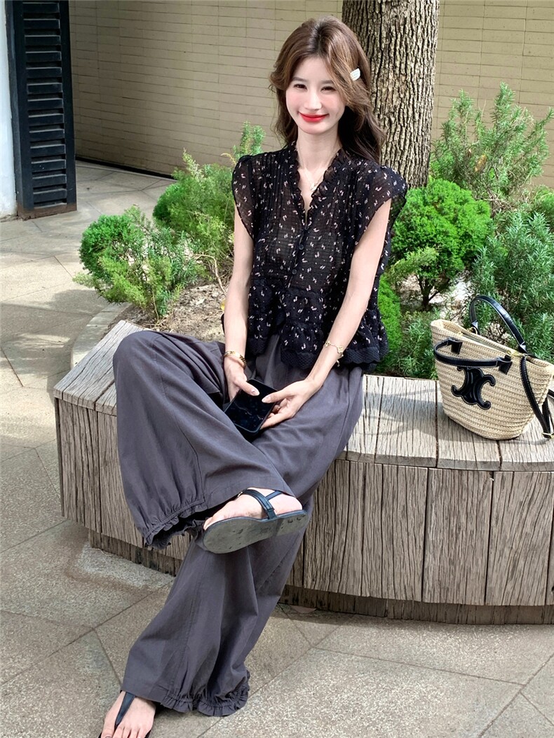 慵懒风复古荷叶边背心＋松紧腰灯笼裤两件套P185-275,女装套装/套裙,网红馆