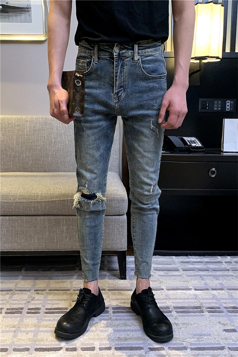 B230档复古做旧破洞修身小脚切边牛仔裤男士切边九分裤,男装牛仔裤,电商B230