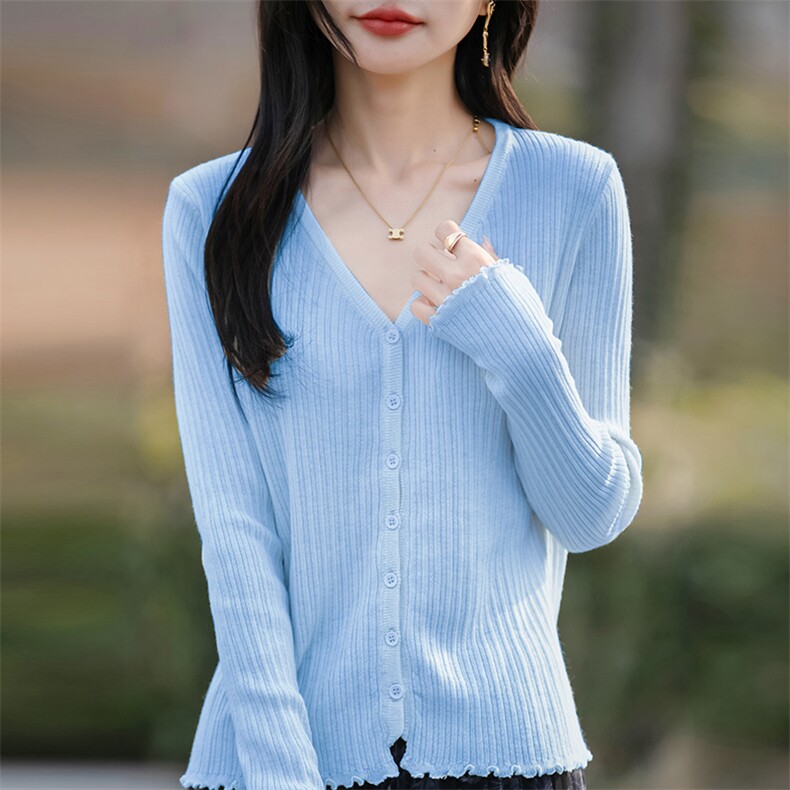 春秋精纺羊毛开衫女V领坑条木耳边针织长袖毛衣宽松休闲外套上衣,针织衫/毛衣,佳绒包芯纱店