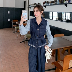 【新款，现货】26春牛仔衬衣马甲拼接假两件套2C215-P205-K328，女装套装/套裙，2C215