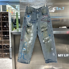 潮牌春夏重工牛仔裤男潮手绘涂鸦做旧破洞宽松青年痞帅阔腿裤潮，男装牛仔裤，星座506A