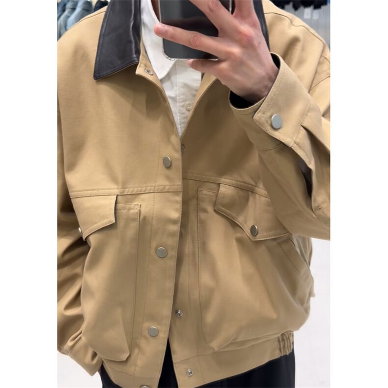 复古工装风PU皮拼接牛仔外套男女2025春秋新款休闲短款夹克上衣,男装工装外套,星座601-1