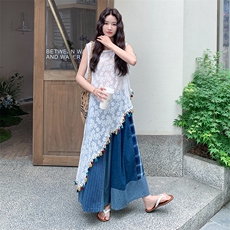 设计感不规则流苏罩衫套装女2025夏新款休闲高腰显瘦阔腿裤两件套，女装套装/套裙，2C169