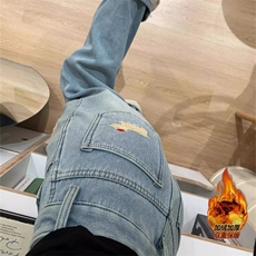 腊肠狗刺绣加绒加厚直筒牛仔裤女秋冬新款保暖高腰显瘦阔腿裤，男装牛仔裤，星座506A