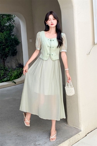 现货新中式气质假两件套连衣裙女2024夏季新款复古元素改良旗袍图片