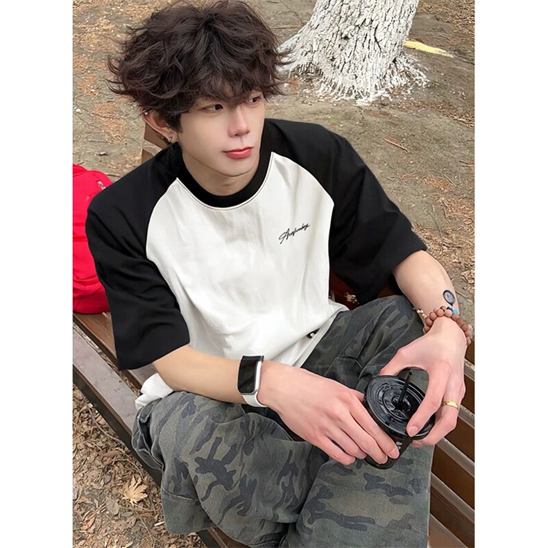 抖音得物高品质二开240克宽松纯棉美式潮牌插肩袖拼接短袖T恤，男装T恤，电商A486