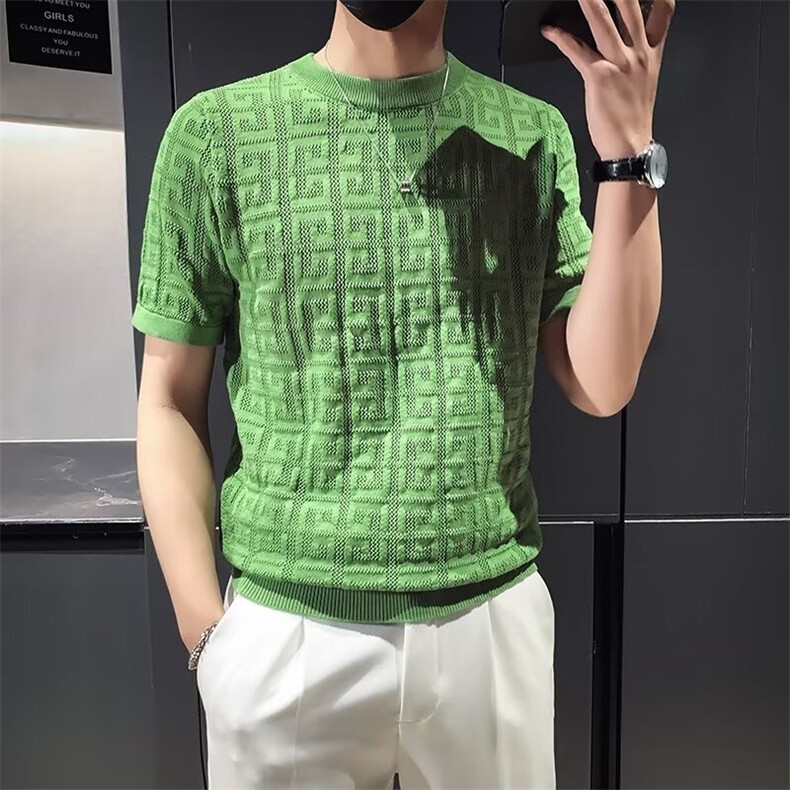 夏季提花镂空冰丝短袖T恤男修身圆领冰爽丝纯色针织半袖M864,男装T恤,星座1116A-2（原606A-1）
