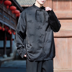 新中式新款男士衬衫长丝提花盘扣流苏小衫CS02-P75控98图片
