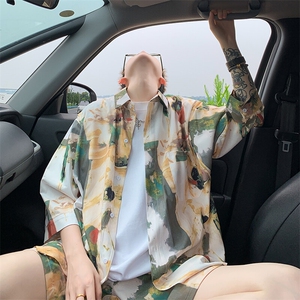 2025夏水墨画冰丝凉感短袖五分袖衬衫薄套装 TZ5678/特P50 卡其2图片