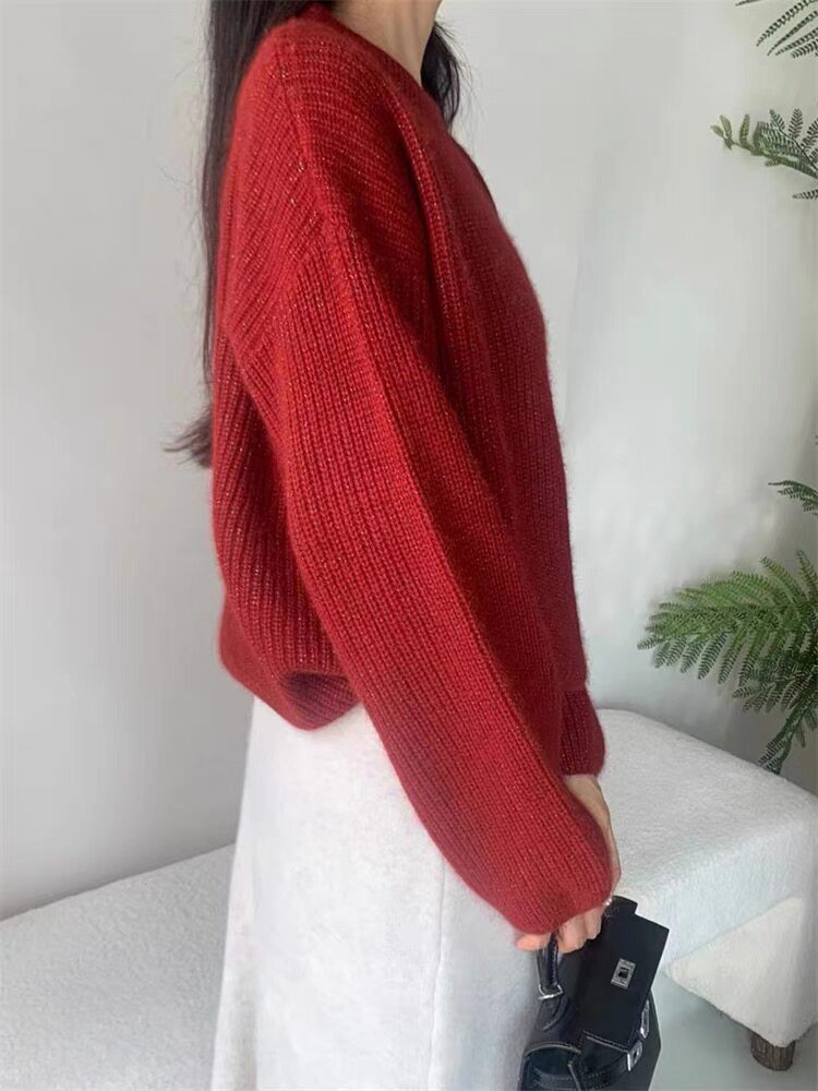 时尚百搭宽松显瘦圆领羊毛衫女秋冬新款慵懒风加厚保暖毛衣,女装羊毛衫,圣旺供货