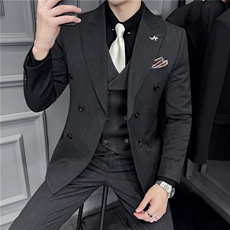 羊毛厚款条纹西服三件套高品质毛呢西装套装男咖啡色SJT8069-P325，男装西服套装，电商A213
