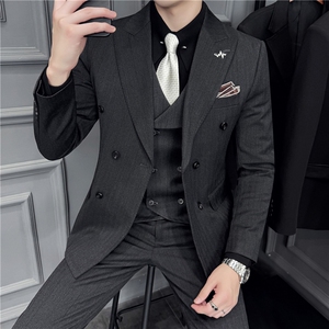 羊毛厚款条纹西服三件套高品质毛呢西装套装男咖啡色SJT8069-P325图片