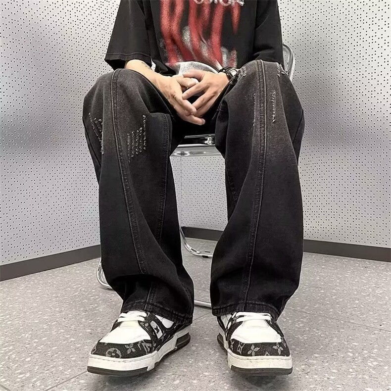 破洞牛仔裤男潮牌宽松直筒裤美式高街vibe阔腿裤N2266-p42加绒52,男装牛仔裤,星座1008-2