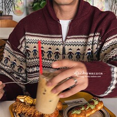 Cleanfit美式复古费尔岛提花拉链POLO领毛衣新年圣诞红翻领针织衫，男装针织衫/毛衣，星座715-4