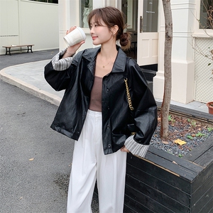 条纹拼接翻领黑色皮衣外套女春秋2025新款小个子PU夹克爆款高级感图片