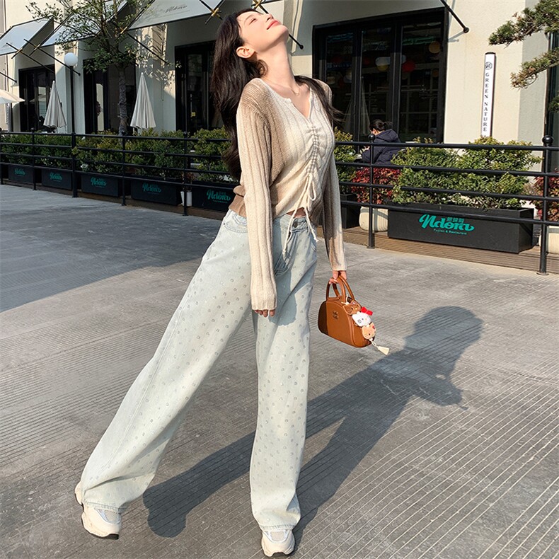 大码女装超仙遮肚子抽绳针织上衣春秋胖妹妹韩版V领长袖毛衣打底,针织衫/毛衣,纯色衣恋