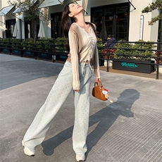 大码女装超仙遮肚子抽绳针织上衣春秋胖妹妹韩版V领长袖毛衣打底，女装针织衫/毛衣，纯色衣恋