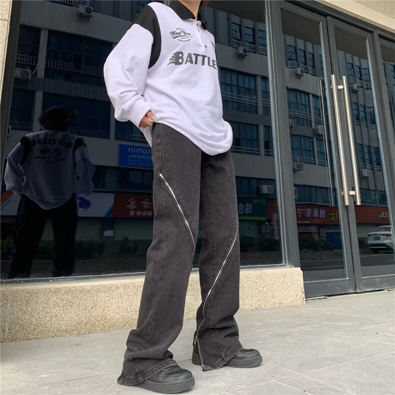 美式高街拉链设计感牛仔裤男街头直筒复古hiphop修身NA57P55,男装牛仔裤,星座1116-2