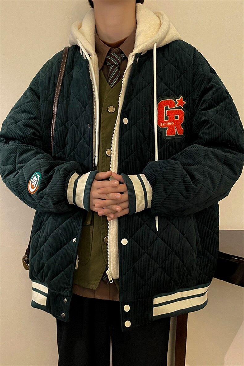 冬款加棉毛巾绣棉服潮假两件宽松连帽外套男士8135-P140控价178,男装棉衣,电商A441-1