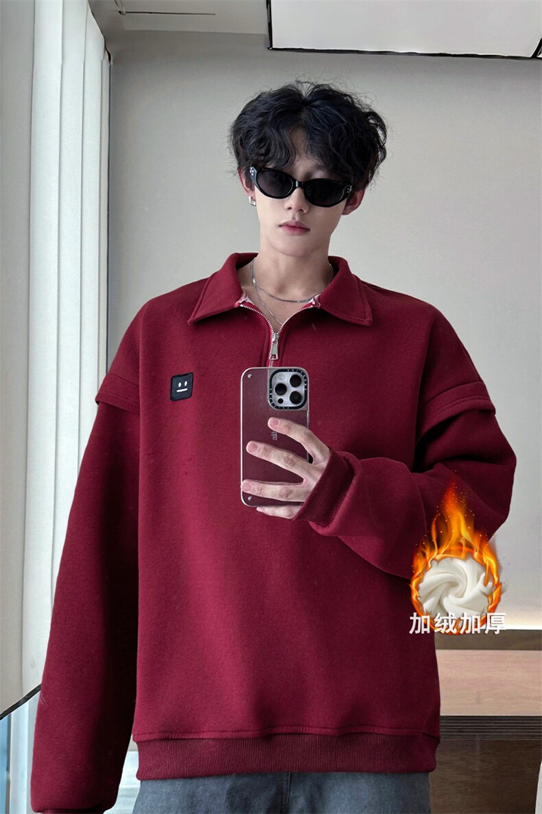 美式男秋季笑脸贴标上衣潮牌ins翻领减龄学院风常规P65加绒P75,男装卫衣,电商B319