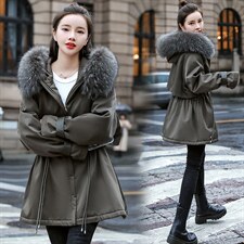 棉衣/棉服2021新款冬仿羊羔毛中长款工装带帽派克服女外套配毛领，女装派克服，瑶迪依秀