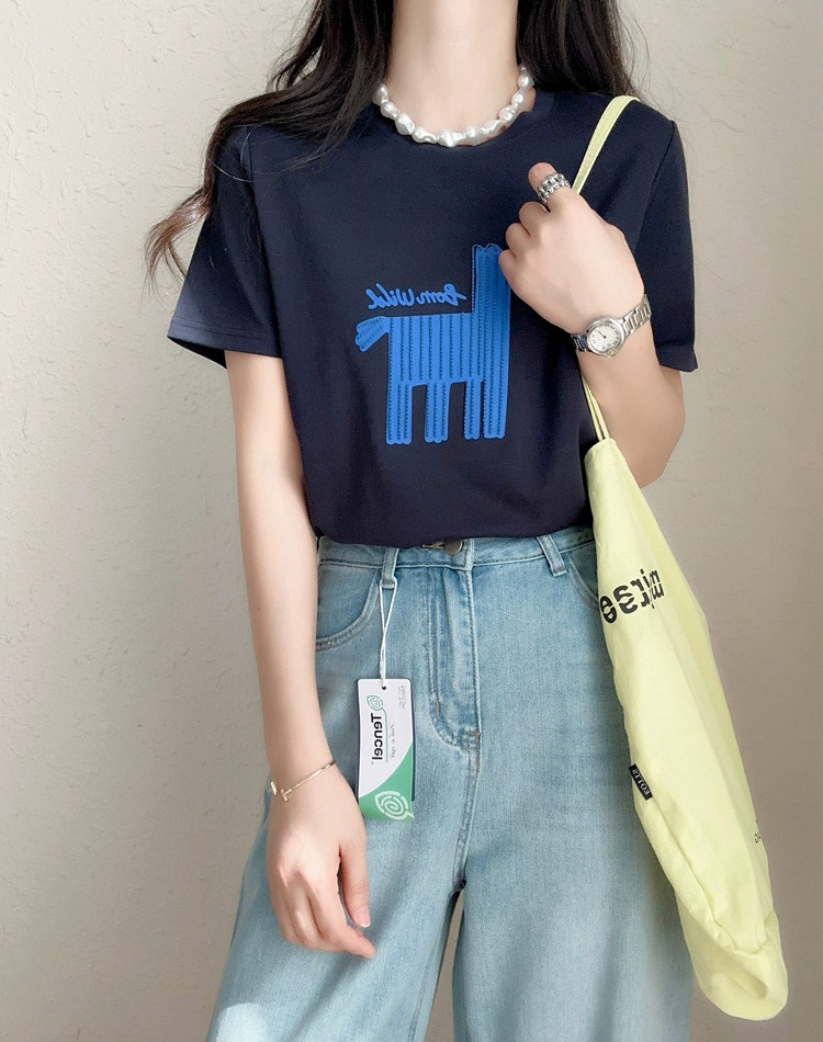 新疆液氨长绒棉萌趣减龄彩虹小马刺绣T恤短袖上衣,女装T恤,湘姗