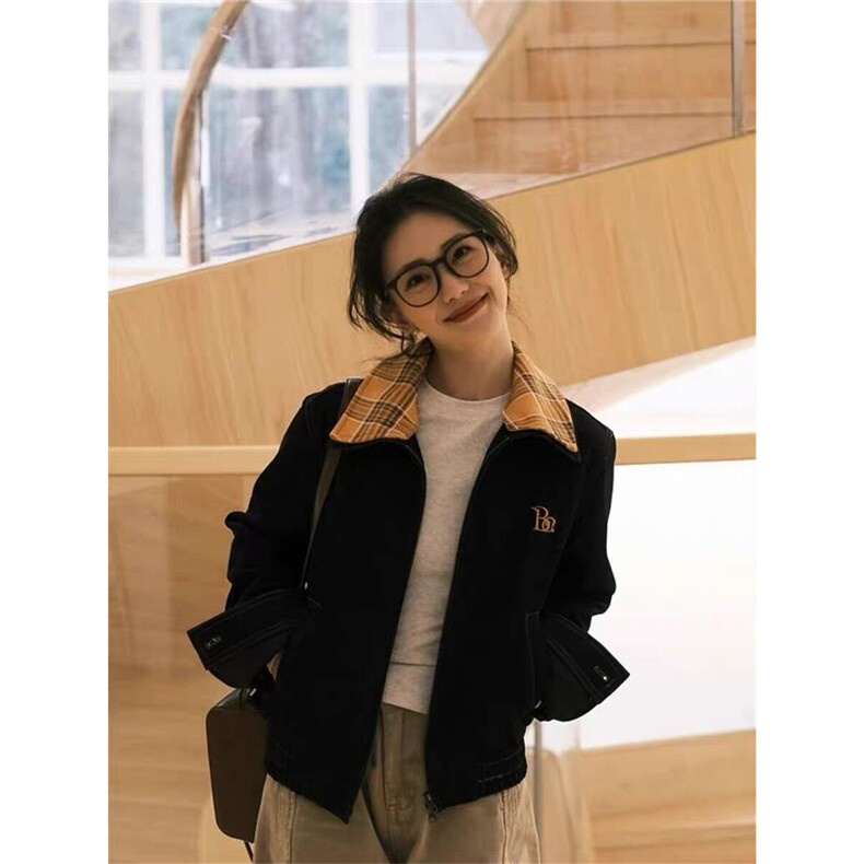 美式复古格子拼接牛仔外套男女2025春秋冬新款设计高级感工装夹克,男装工装外套,星座1210-1
