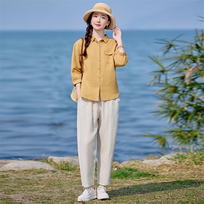棉麻套装女2025年夏季新款妈妈洋气苎麻薄款衬衫休闲裤气质两件套，女装套装/套裙，涵誉