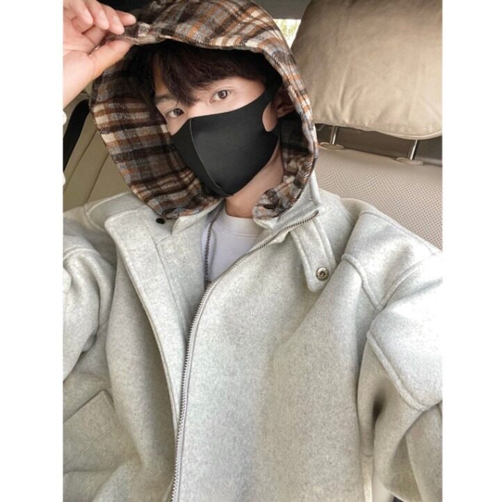 【有货】D8896-P105美式复古格子毛呢连帽外套男秋冬款假两件棉服,男装棉衣,星座603-2