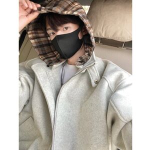 【有货】D8896-P105美式复古格子毛呢连帽外套男秋冬款假两件棉服图片
