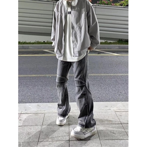 美式高街时尚牛仔裤男黄泥做旧水洗工装直筒拉链开叉裤KZH20-P55图片