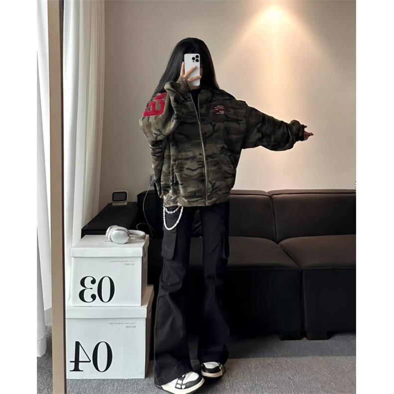美式高街迷彩开衫女男2026春秋覆古潮牌宽松休闲连帽外套Y8287,女装短外套,星座601-1