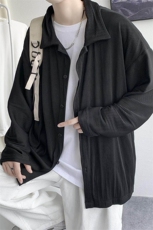 春夏中性港风褶皱纯色宽松长袖衬衫日系男女休闲薄外套H208/P55，男装衬衫，电商A221A