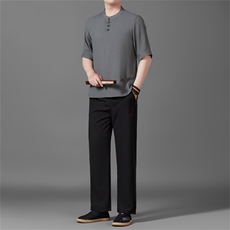 男款夏季长裤中年棉麻中式亚麻爸爸套装，男装休闲套装，钱塘6003B